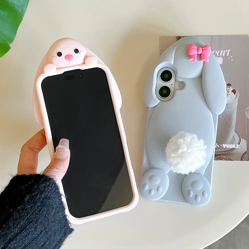 Kawaii 3D Cartoon Benny Rabbit Hülle für iPhone 16 15 14 13 12 Pro Max Weiche Silikonhülle mit Haarballenschwanzhalter – Detail 11