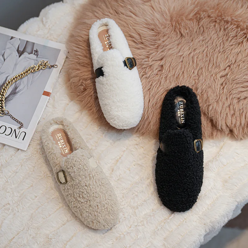 

2025 Новые женские меховые сапоги-мулы, домашняя обувь, теплые сабо без шнуровки с плюшевой подкладкой для женщин, большие размеры 41–43, уличная белая обувь