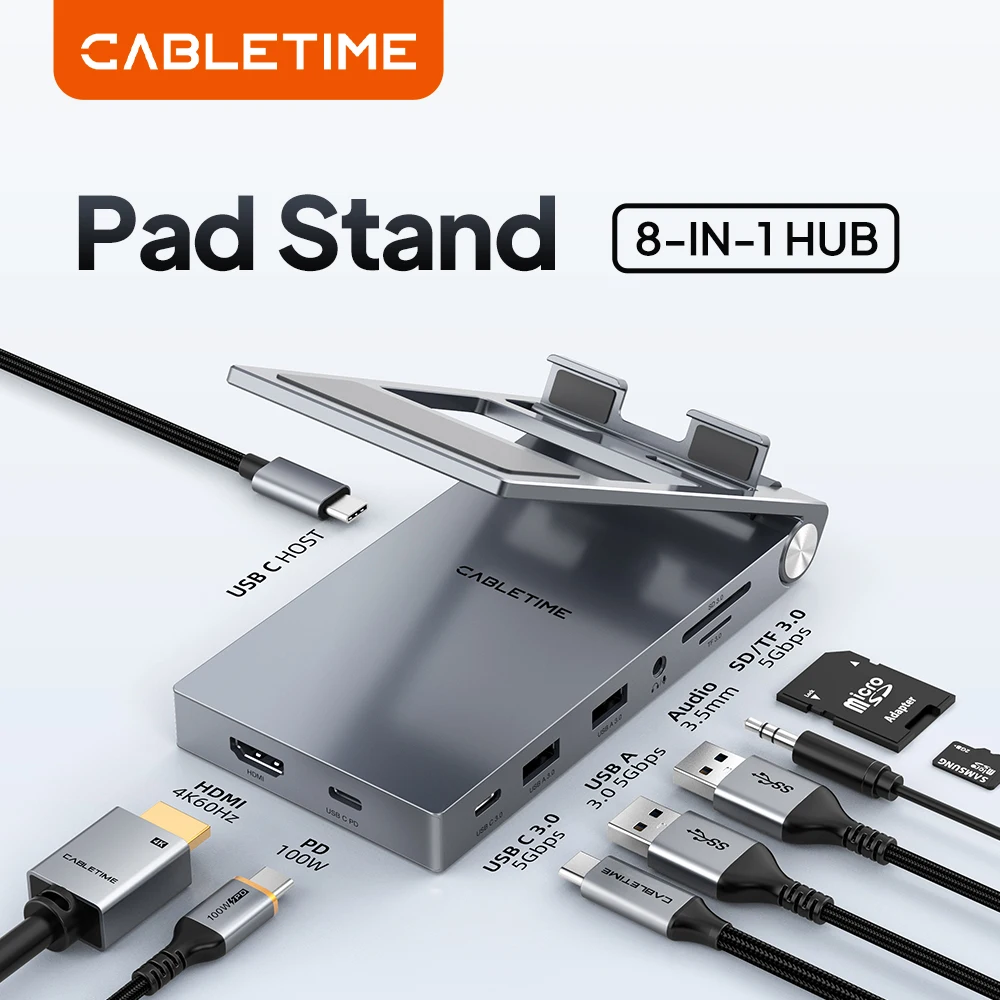 

CABLETIME 8 В 1 USB C-концентратор, док-станция, складная подставка HDMI 4K, 60 Гц, PD100W, USB C-концентратор для iPad Pro, Android, планшета, iPhone15 Pro Max