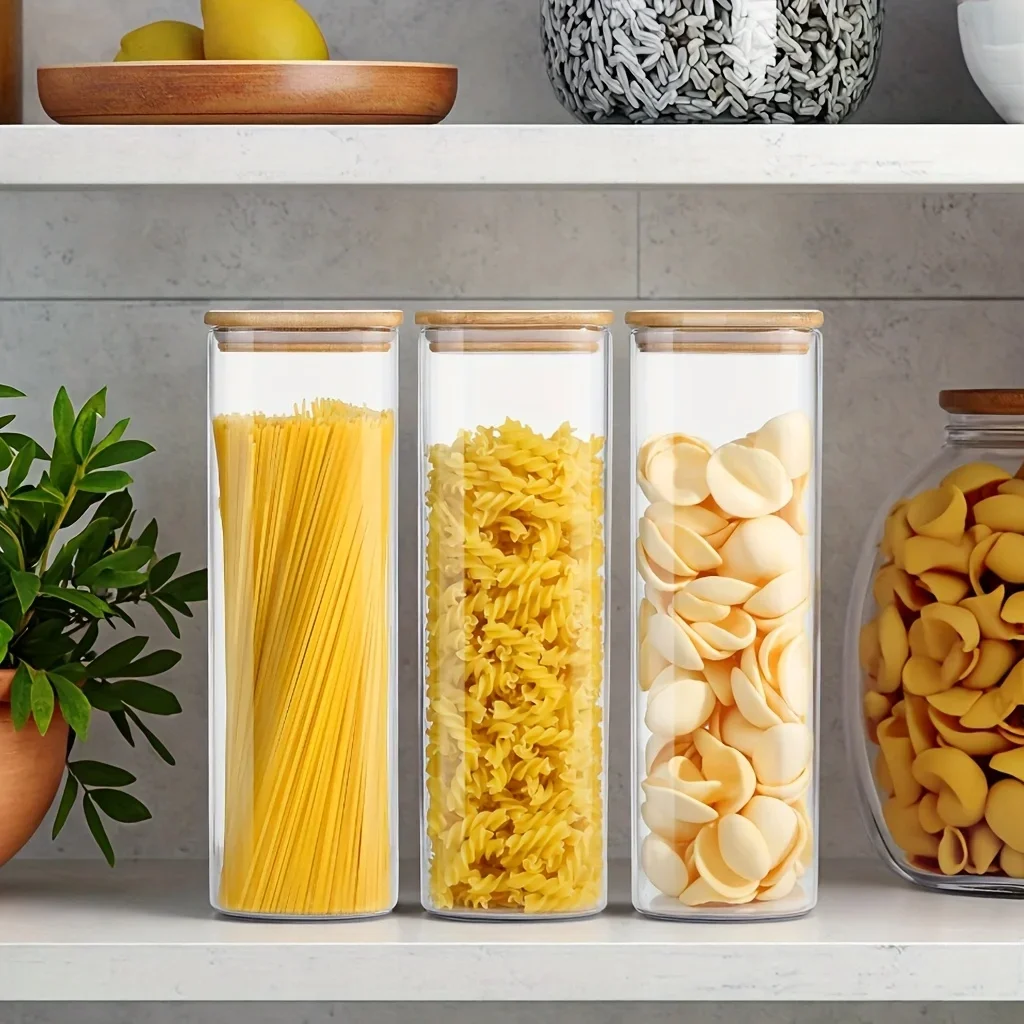 

Modern 26/42oz Glass Storage Canister Square Wooden Bamboo Lids Logo Kitchen Pantry Food Party Storage Container Honey