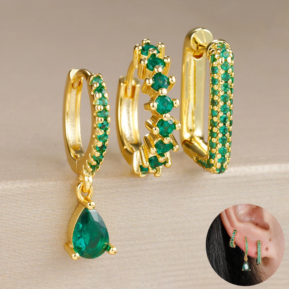 3PCS Einfache Grüne Zirkon U-förmigen Hoop Ohrring Set für Frauen Exquisite Edelstahl Punk Wasser Tropfen Ohrring piercing Schmuck
