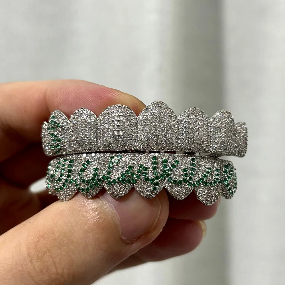 RACHELZ 8/8 دولار نمط تشيكوسلوفاكيا حجر الأسنان Grillz الهيب هوب لامعة الزركون الأسنان قبعات للنساء الرجال المجوهرات شوايات الأسنان