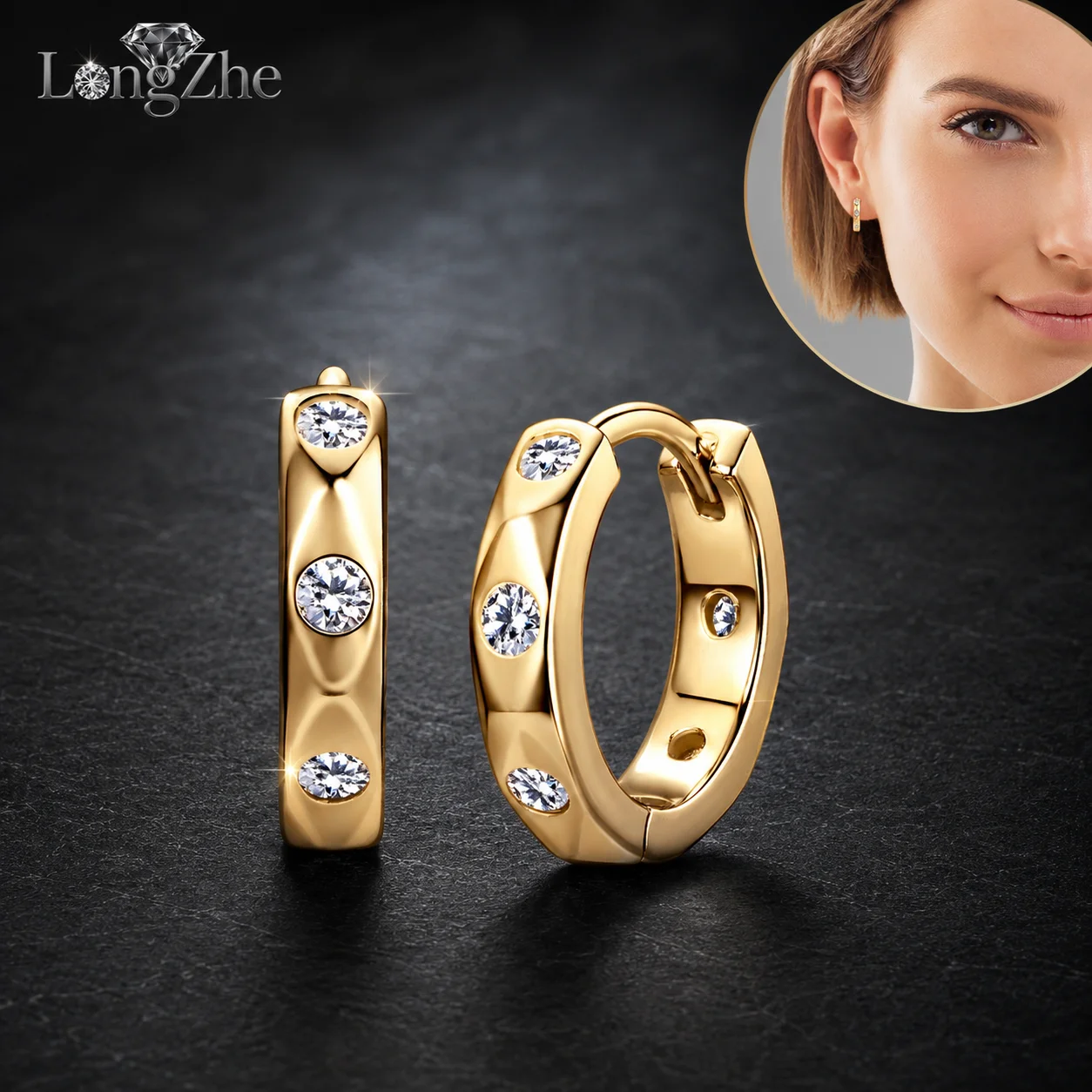 LongZhe S925 Silver Moissanite Hoop Earrings 0.15CT+0.15CT Round Cut Gold White Color GRA Diamond Tester Passed Gift For Her