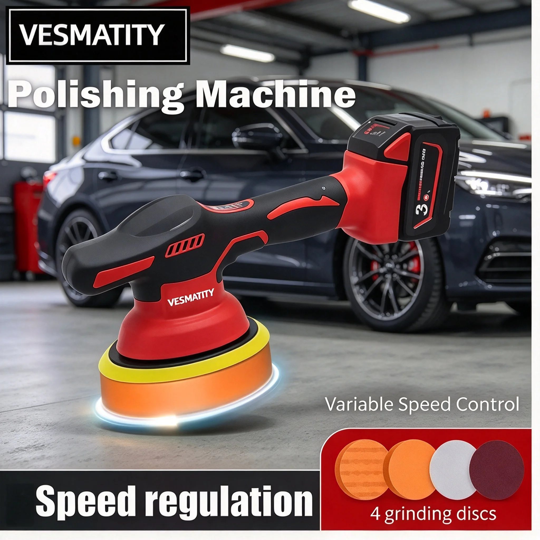 Cordless Polisher VESMATITY 8 Gears Digital Display Electric Polisher Auto Car Waxing Polishing Machine Lithium 18V Battery