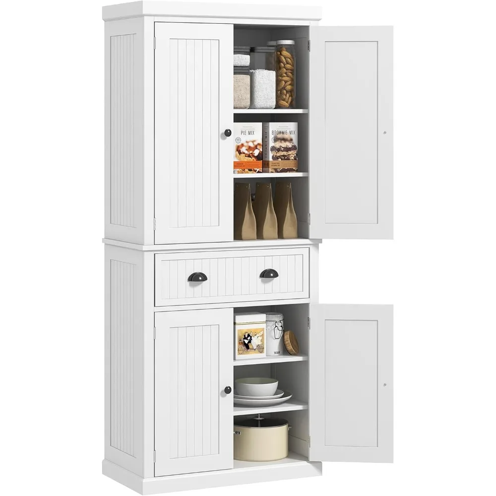 72” Kitchen Storage Cabinet, Traditional Freestanding Cupboard with 4 Doors and 3 Adjustable Shelves, White