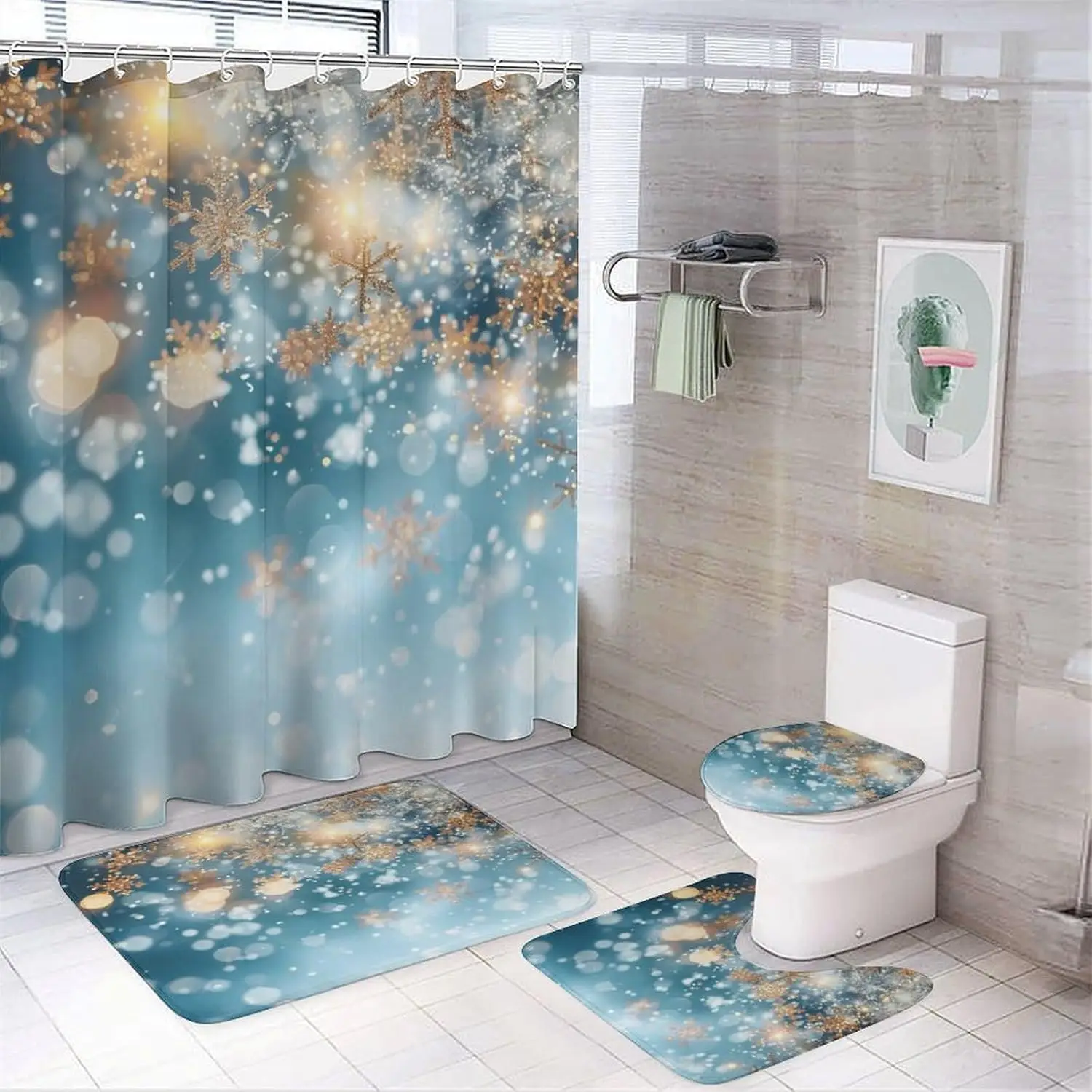 

4Pcs Beautiful Snowflakes Shower Curtain, Winter Snow Star Fantasy Shower Curtain Sets with Toilet Lid Cover, U-Shaped Mat and