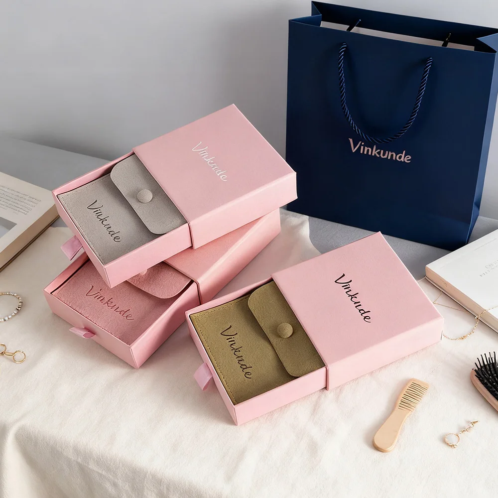 

Custom Logo Snap Suede Jewelry Packaging Necklace Earring Pouch with Paper Box Wedding Travel Organizer Rings Slide Drawer Boxes