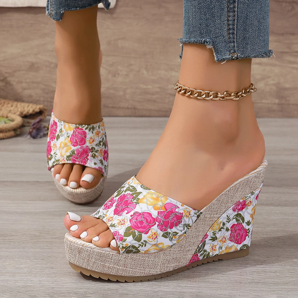 Women Sandals Large Size Platform Wedge Slippers Women Summer Denim Material Slip-On Sandals Sweet Style Rubber Sole Shoes - view 2