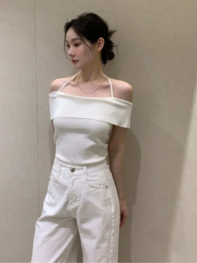 

oulder Bared Knitted Top for Women Chic Summer New Sle 2025 Pure Desire Sle ort Sve Knot Ne Design Polyester Fiber