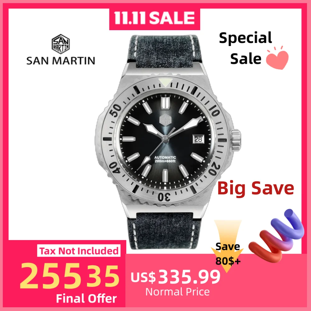 

San Martin 44 мм ретро дайверские роскошные сапфировые часы PT5000 SW200 автоматические механические наручные мужские часы 20 бар водонепроницаемые светящиеся SN0055
