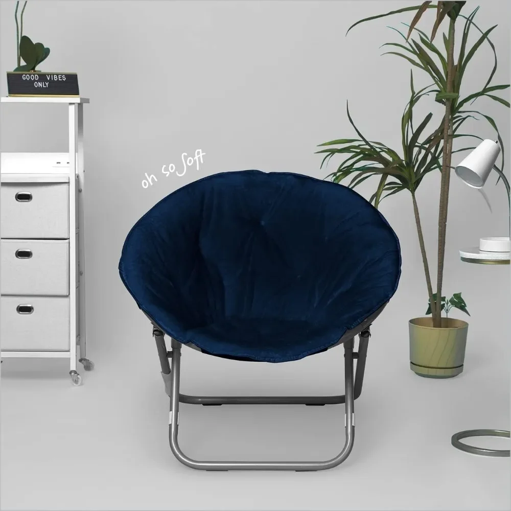 Super Soft Faux Fur Saucer Chair with Folding Metal Frame, Navy, 29"X32"X22"