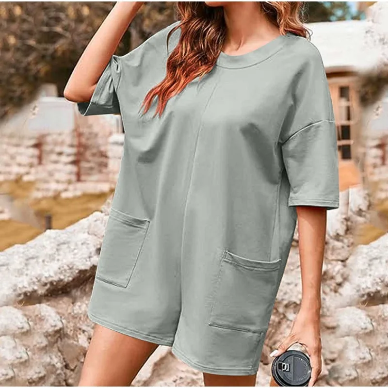 Women\'s V-neck Double Pocket Casual Front & Back Wearing Short Sleeve Jumpsuit 2024 Summer New Fashion Loose Romper for Women