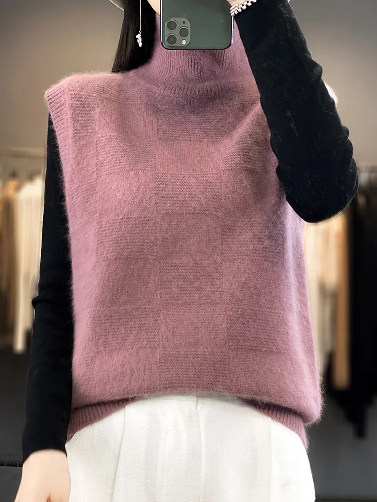 Autumn Winter Sleeveless Turtleneck Pullover Women Sweater 100% Mink Cashmere Basic Soft Jumper Knitwear 2024 New Fashion Tops