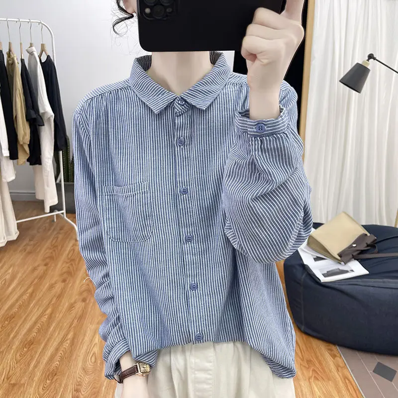 Women\'s Vintage Striped Print Lapel Button Shirt Simple Casual Commuting Cotton Blouse Long Sleeve Loose Tops Blusas Para Mujer