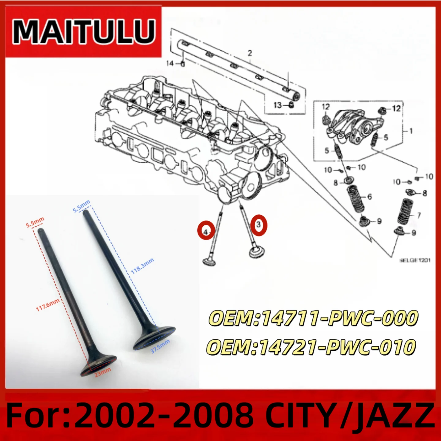 

Intake Valve and Exhaust Valve For CITY JAZZ 2002 2003 2004 2005 2006 2007 2008 GD3 GD8 OEM 14711-PWC-000 14721-PWC-010