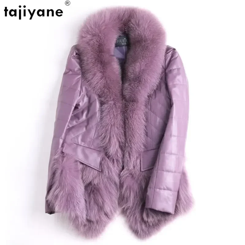 Tajiyane 100% سترة جلد الغنم الحقيقي المرأة شتاء جديد قصير أسفل معاطف الثعلب الفراء طوق معطف جلد غير رسمي أسفل السترات