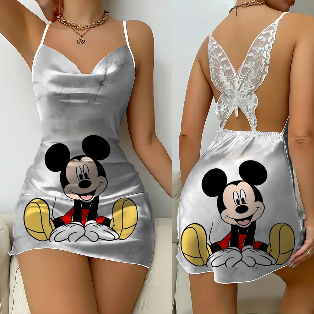 

Disney new summer fashion simple dress cartoon Mickey Minnie print women's backless sexy lace butterfly nightdress