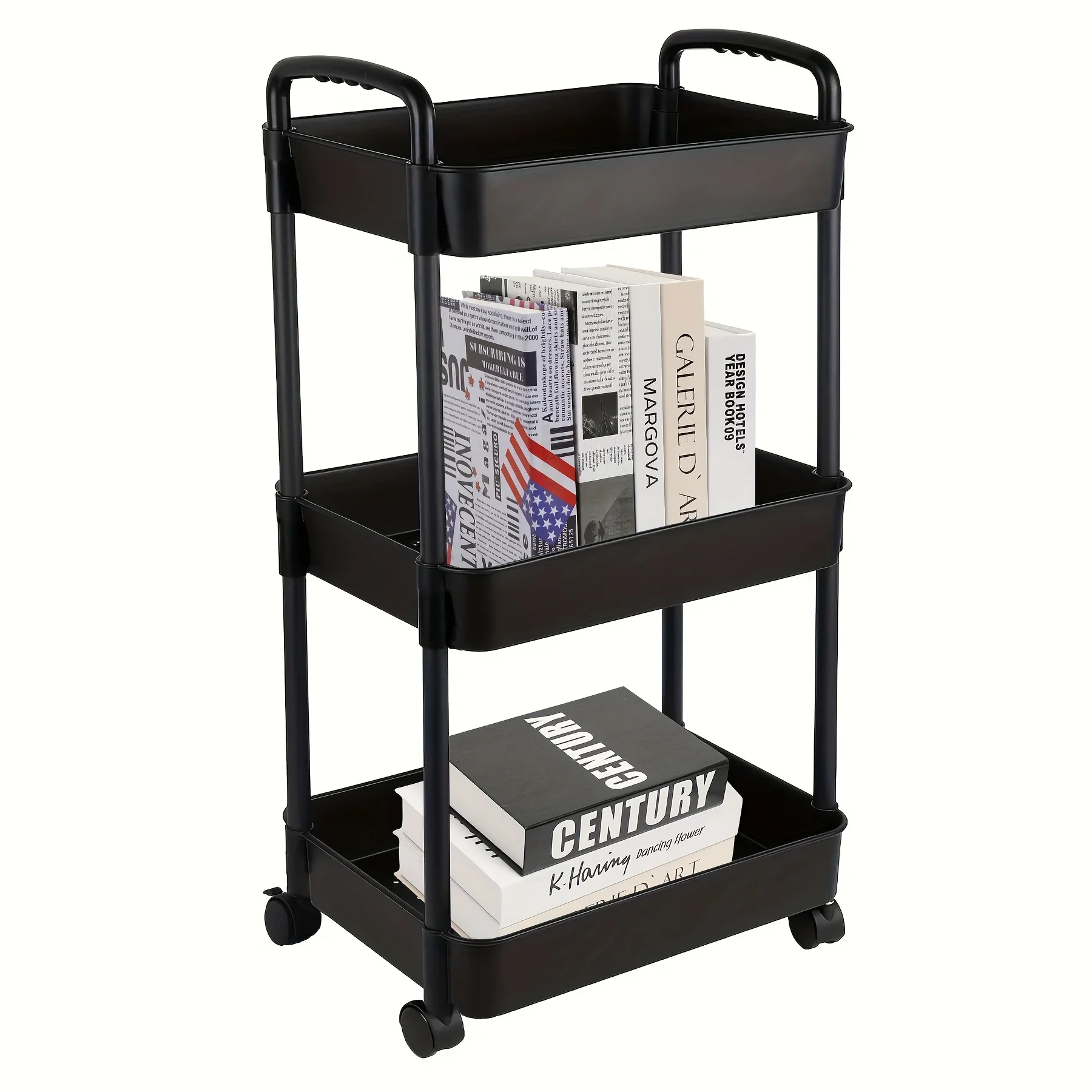 1 Piece 3-tier Practical Rolling Plastic Storage Trolley with Wheels Multifunctional Storage Rack Storage Trolley