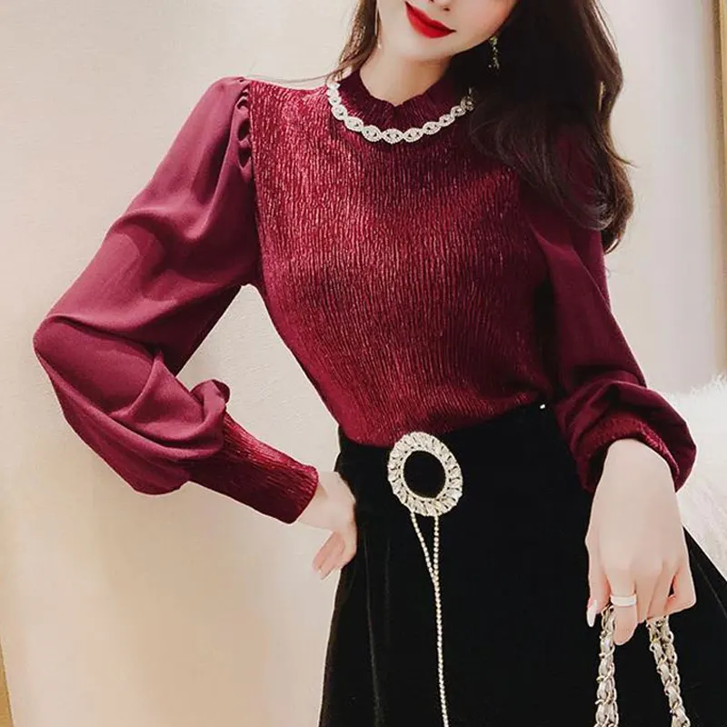 Casual Vintage Folds Blouse Women\'s Clothing Fashion Diamonds Chain Spring Autumn Long Sleeve Commute Spliced Stand Collar Shirt