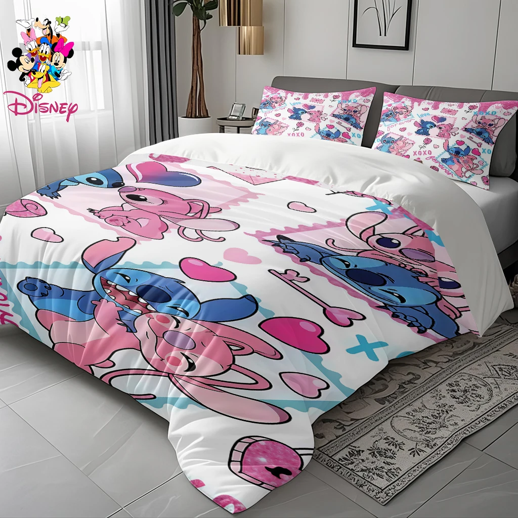 طقم غطاء لحاف ديزني ستيتش 2/3 قطعة بدون حشو، موضوع قلب للزوجين مناسب لغرف النوم العائلية وغرف الضيوف، للاستخدام في جميع المواسم