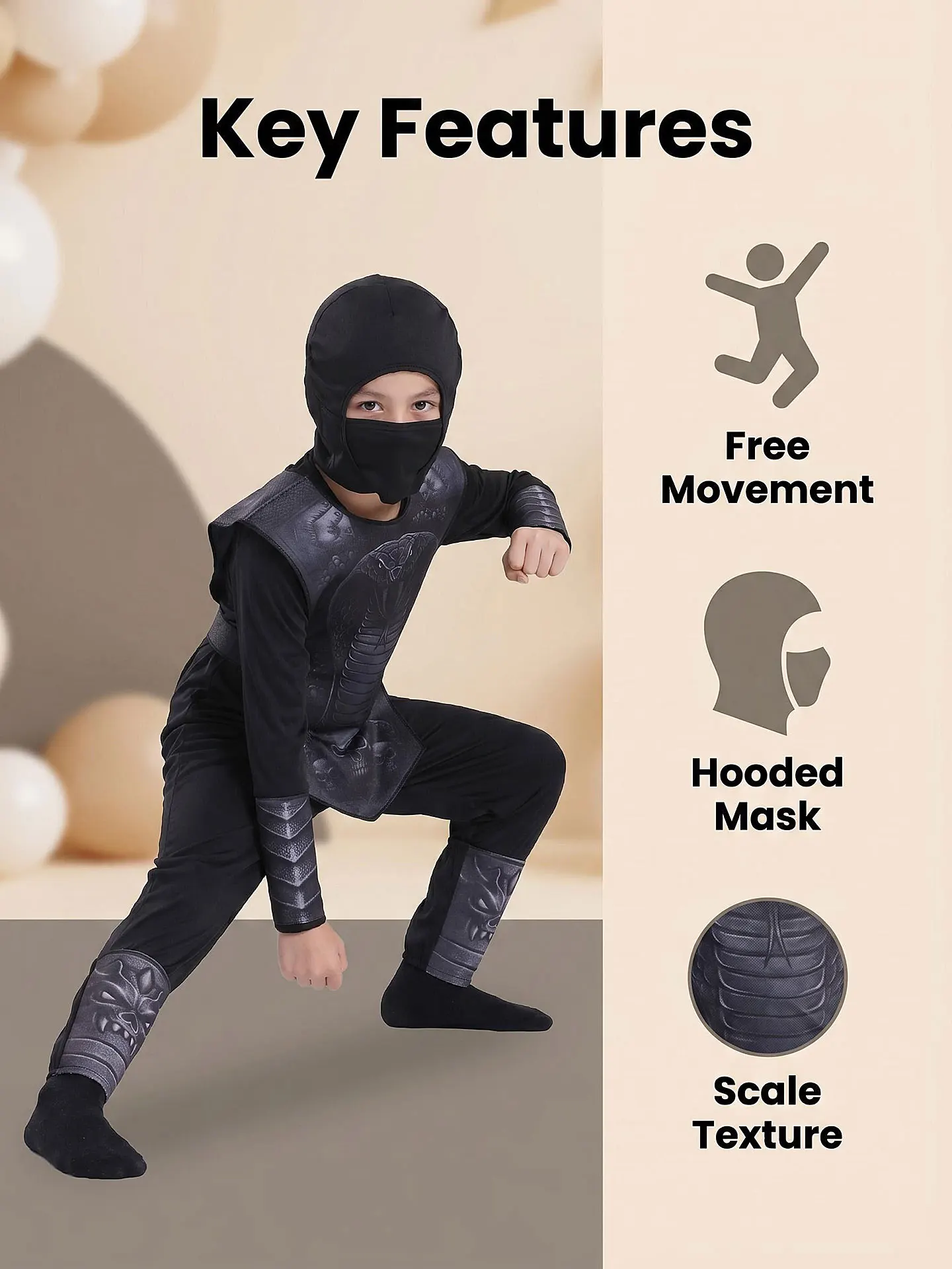 Viper Ninja Cosplay-Outfit für Kinder, Polyester-Overall mit Masken-Brustpanzerung für Jungen, Halloween-Mottoparty – Detail 5