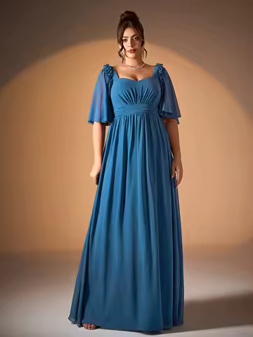 Mgiacy's new V-neck ruffled pleated pearl chiffon mid-sleeved wide-swing high-end evening dress