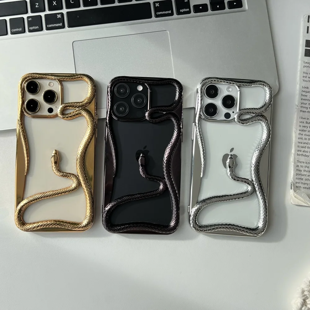 

Luxury Plating Gold Silver 3D Snake Soft Silicone Phone Case Protection For iPhone 16 15 13 12 11 14 Pro Max Lovely Python Cover