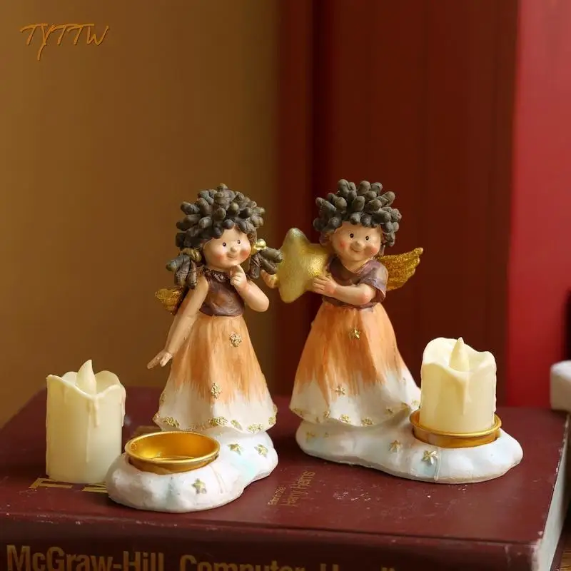 Home Decor American Country Pastoral 2 Cute Curly Angels Gift Candlestick Atmosphere Decoration Christmas Gift Resin Ornaments