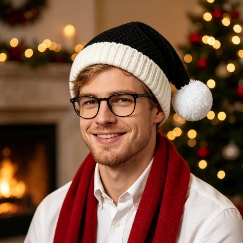 Unisex Pineapple‑Stitch Knitted Santa Beanies Women Fluffy Pom‑Pom Skullies Winter Christmas‑Party Hats Holiday‑Costume Bonnet