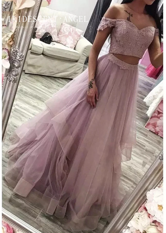 Vestido largo De tul De encaje con hombros descubiertos para mujer, traje Formal De sirena para Graduación, dos piezas, Lila iridiscente