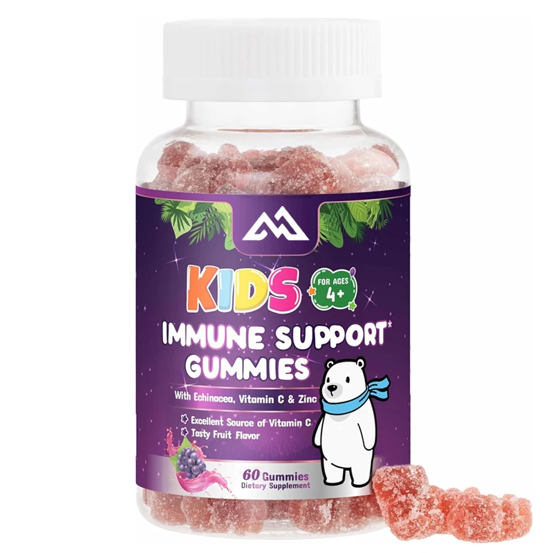 Children and toddlers immune gummies, containing vitamin C, zinc, and echinacea, for children aged 4 and above, 60 gummies