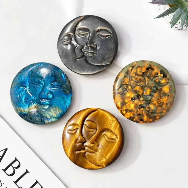 Natural Raw Crystal Stone Sun Moon God Carved Pieces Modern Minimalist Cultural Curiosities DIY Pendant