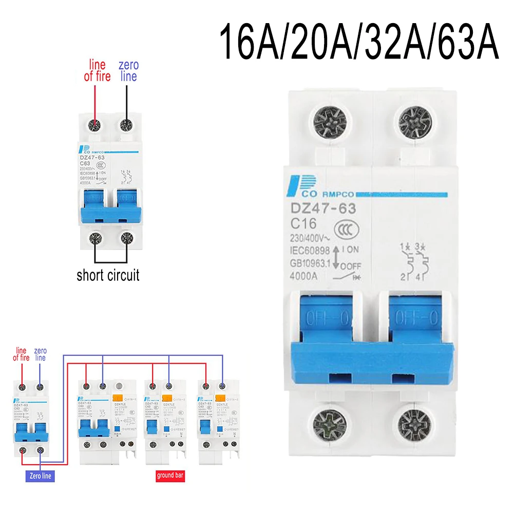 Air Switch Circuit Breaker AC 16A 20A 32A 63A 36*78mm Household Miniature Type-C Dual Connection Overcurrent Trip