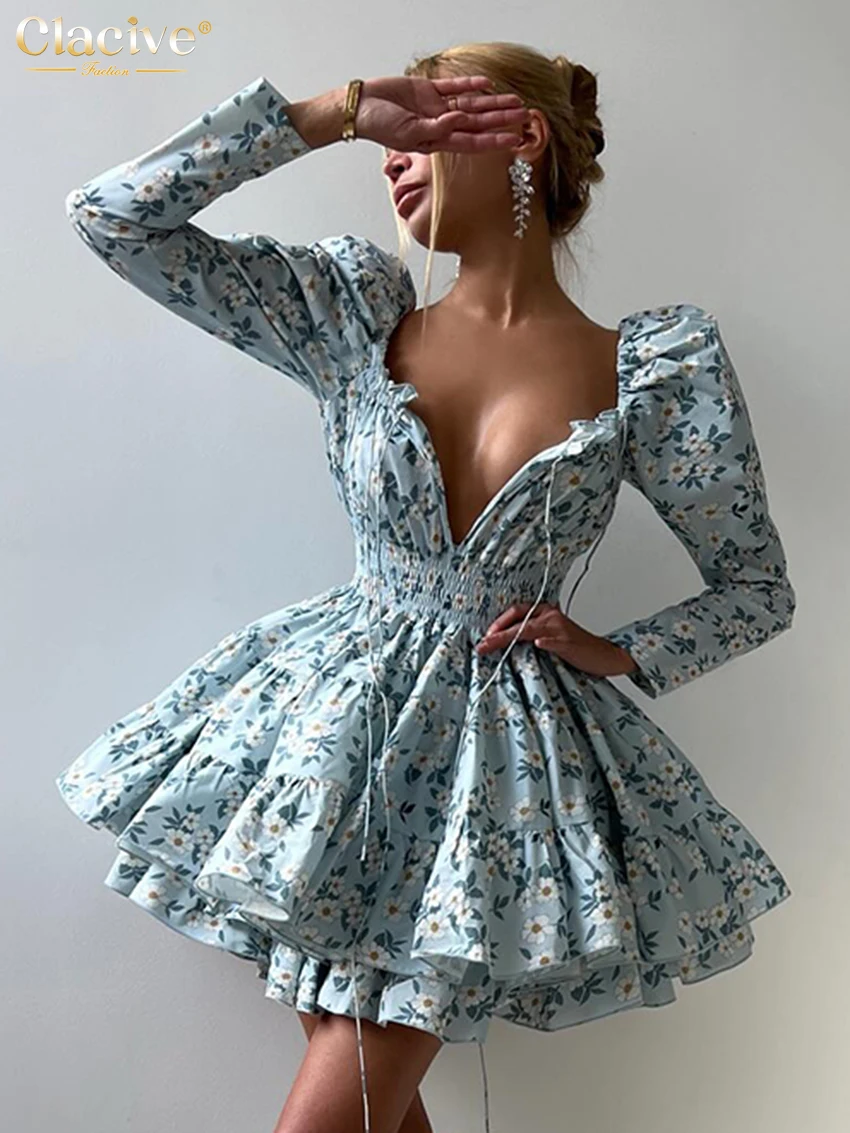 

Clacive Fashion Loose Print Women's Dress 2025 Sexy V-Neck Long Sleeve Mini Dresses Lady Elegant High Waist Pleated Female Dress