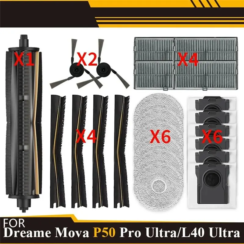 

Запчасти для MOVA P50 Pro Ultra/Dreame X40 Ultra/L40 Ultra: основная щетка, боковая щетка, фильтр, тряпка для влажной уборки, мешок для сбора пыли