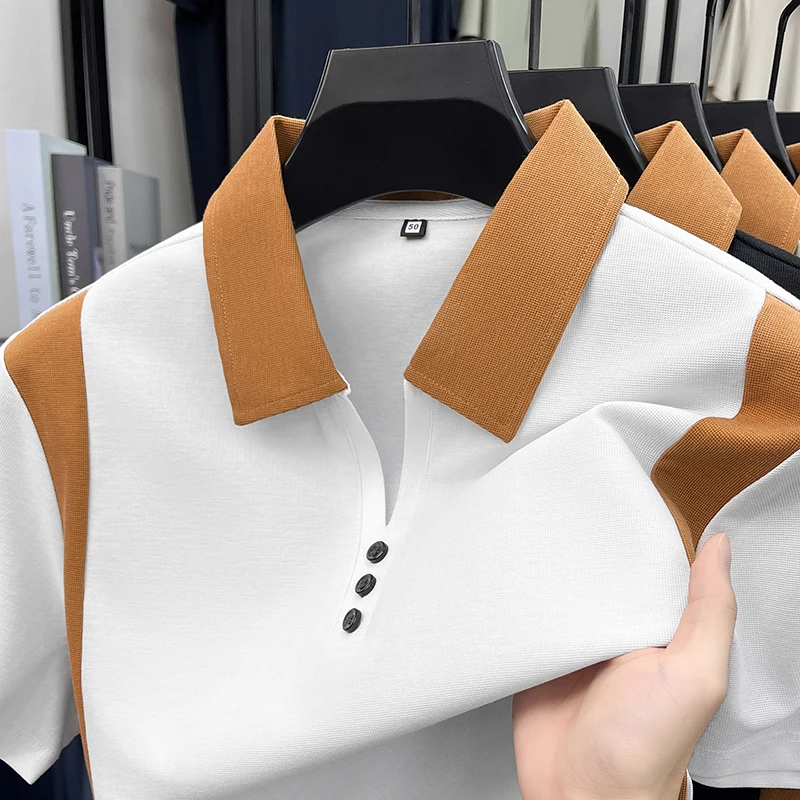 High end brand silk cotton short sleeve polo shirt comfort breathable men's T-shirt summer new fashion color blocking casual top