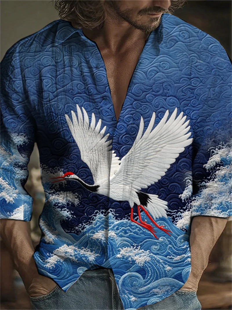 

New Men's Linen Shirt Art 3D Crane Print Long Sleeve Shirt Casual Loose Lapel Collar Button Shirt Men's Clothing