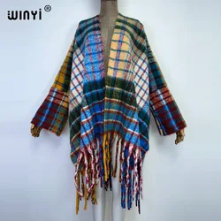 WINYI Winter Women tassel Vintage square printing Cardigan coat Loose Thick Warm Women Warm Coat Outwears cloak jacket