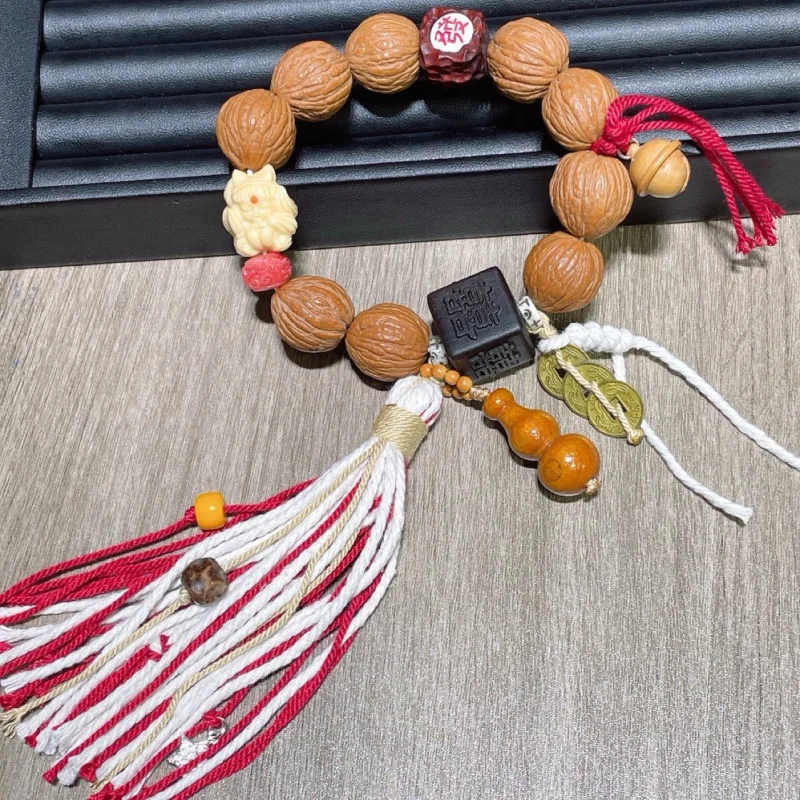 Monkey with Gold Jade Nine Tail Bone Rosewood Hair Pendant Buddha Beads Bracelet