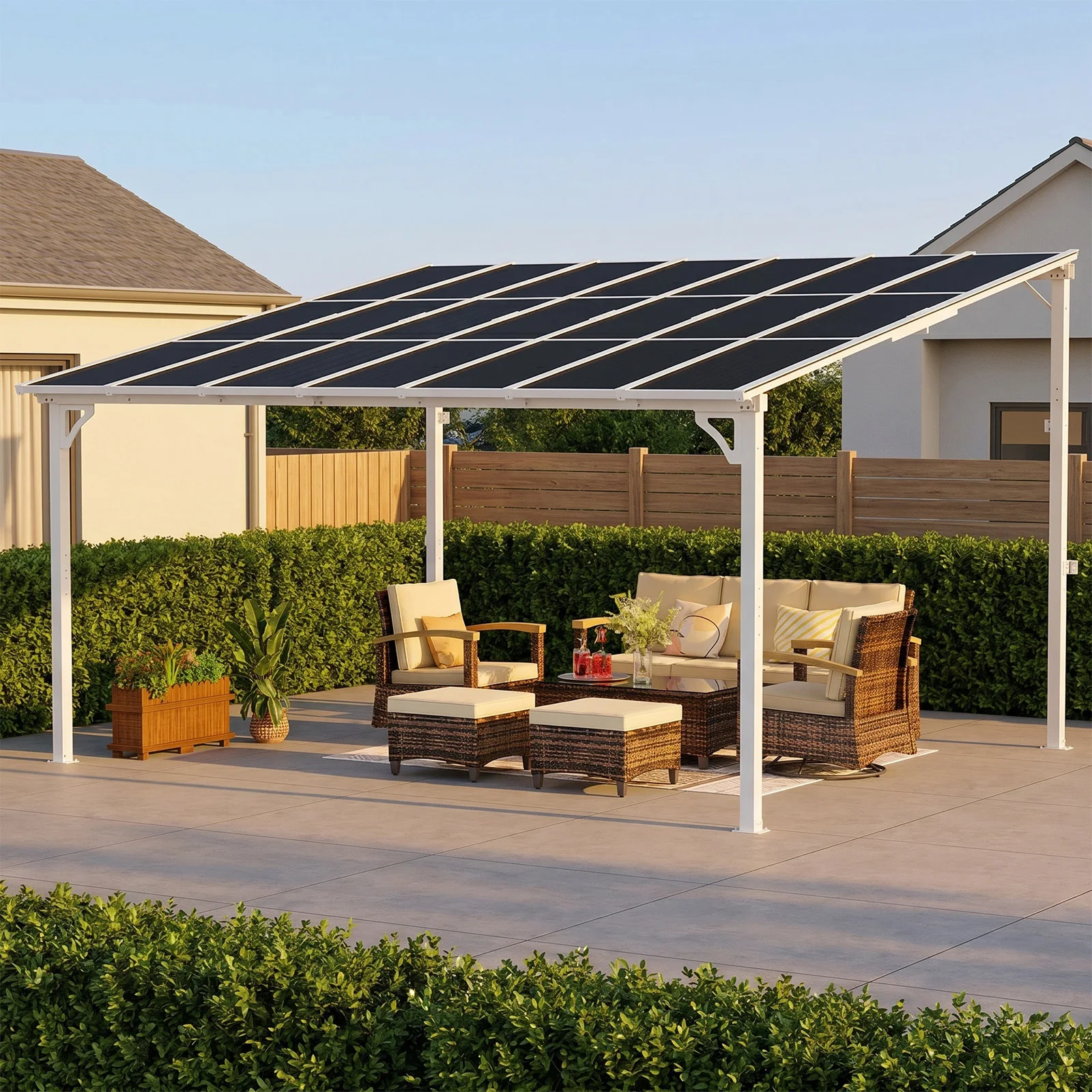 

14'X12' Barbecue Gazebo Outdoor Patio Pergola Freestanding Sloped Roof Hardtop Gazebo Carport Pergola And Gazebo Compact Wall-Mounted Heavy-Duty Awning Suitable for Patio And Terrace