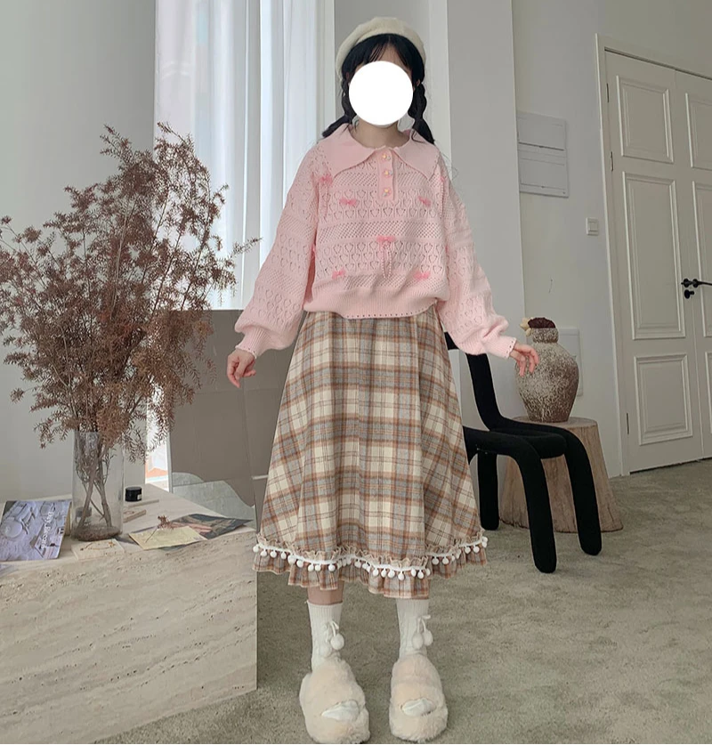 Autumn Winter Plaid Vintage Skirt Women Japanese Chic Ruffles Patchwork Plush Ball Elegant Midi Skirt Female Sweet Y2k Skirts