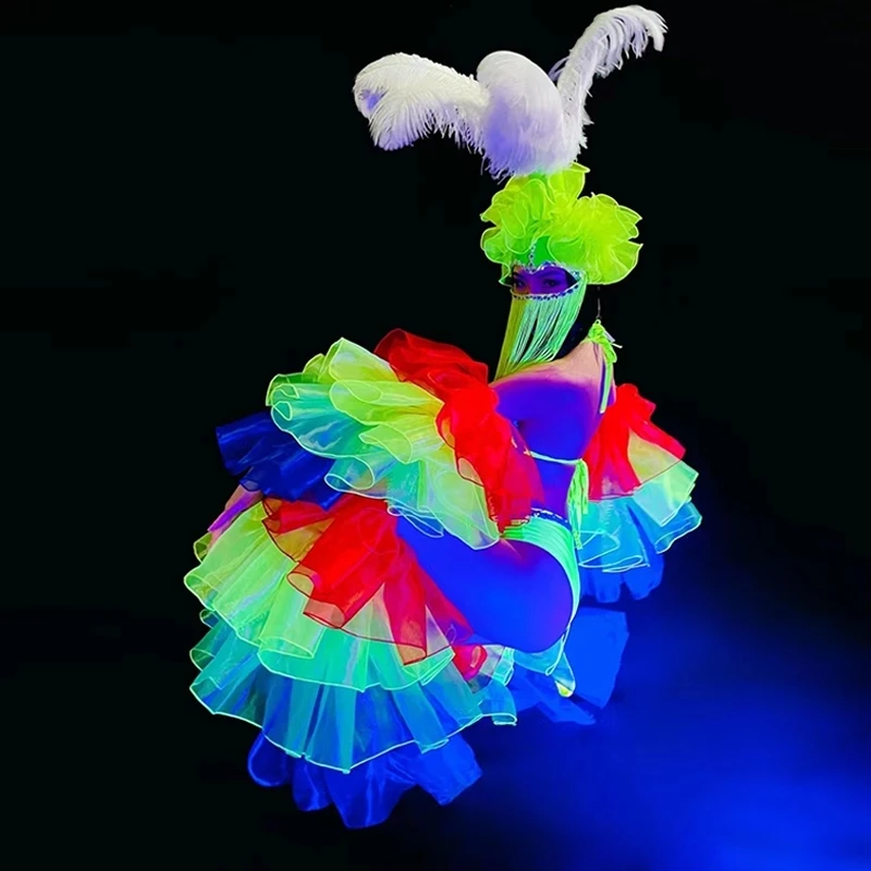 Fluorescent Club Creative Stage Costumes Feather Headdress Bikini Nightclub Gogo Show Dance Performance Clothes Suit