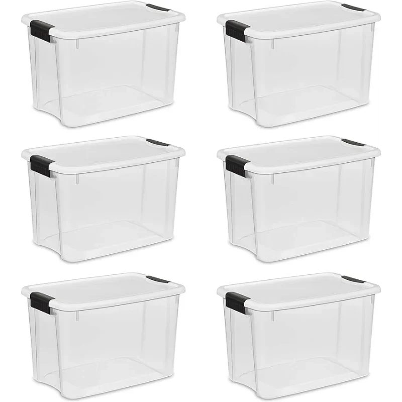 

Sterilite 30 Qt Ultra Latch Box, Stackable Storage Bin with Latching Lid, Organize Crafts, Clear with White Lid, 6-Pack