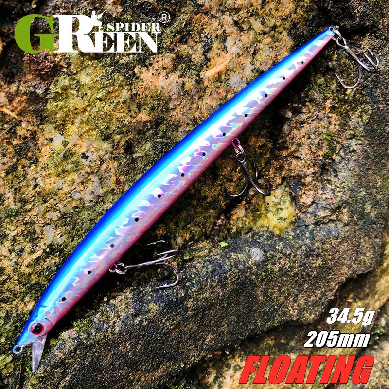 GREENSPIDER Floating Minnow Longcast Jerkbait Fishing Lure 205mm 34.5G Off Shore Saltwater Sea Bass Artificial Bait Tackle