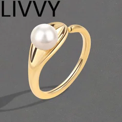 LIVVY 2024 New Fashion Silver Color Pearl Rings For Women Creative Simple Geometric Birthday Party Jewelry Gifts