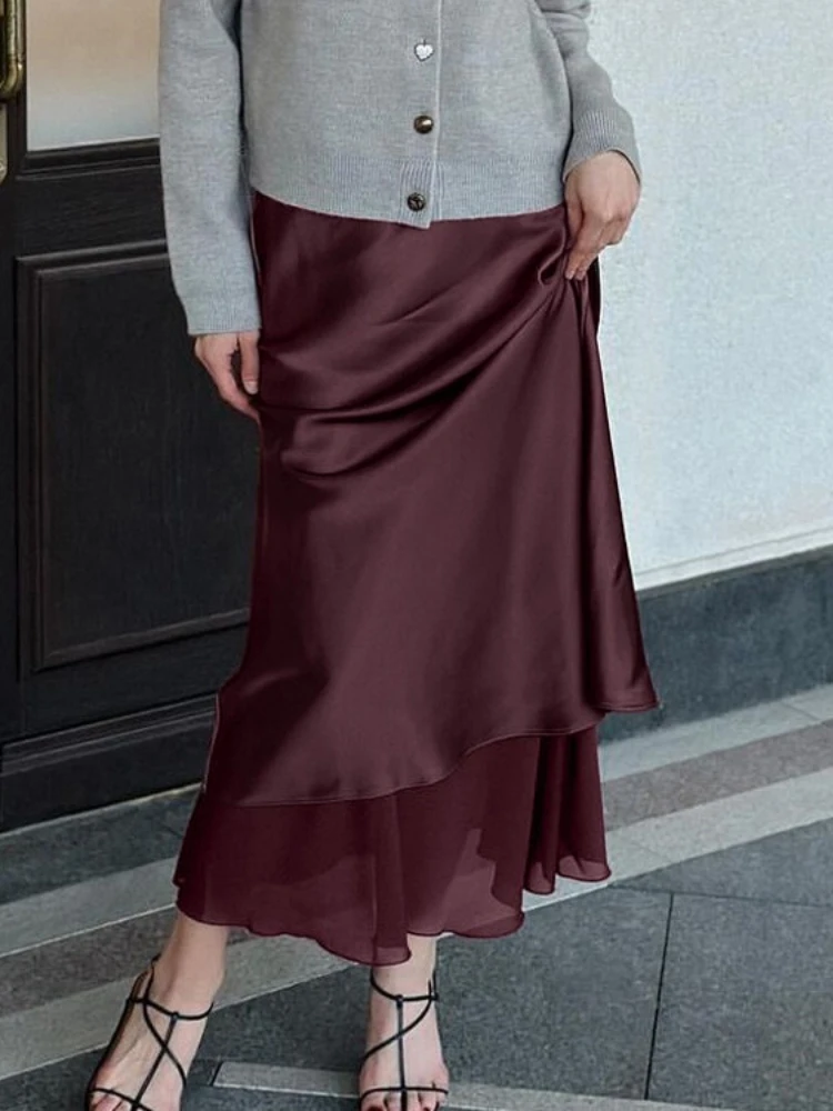 

FDYOUI женские винно-красные юбки, осень 202, длинная юбка на молнии с высокой талией, уличная одежда, женские элегантные сетчатые атласные платья для выпускного вечера