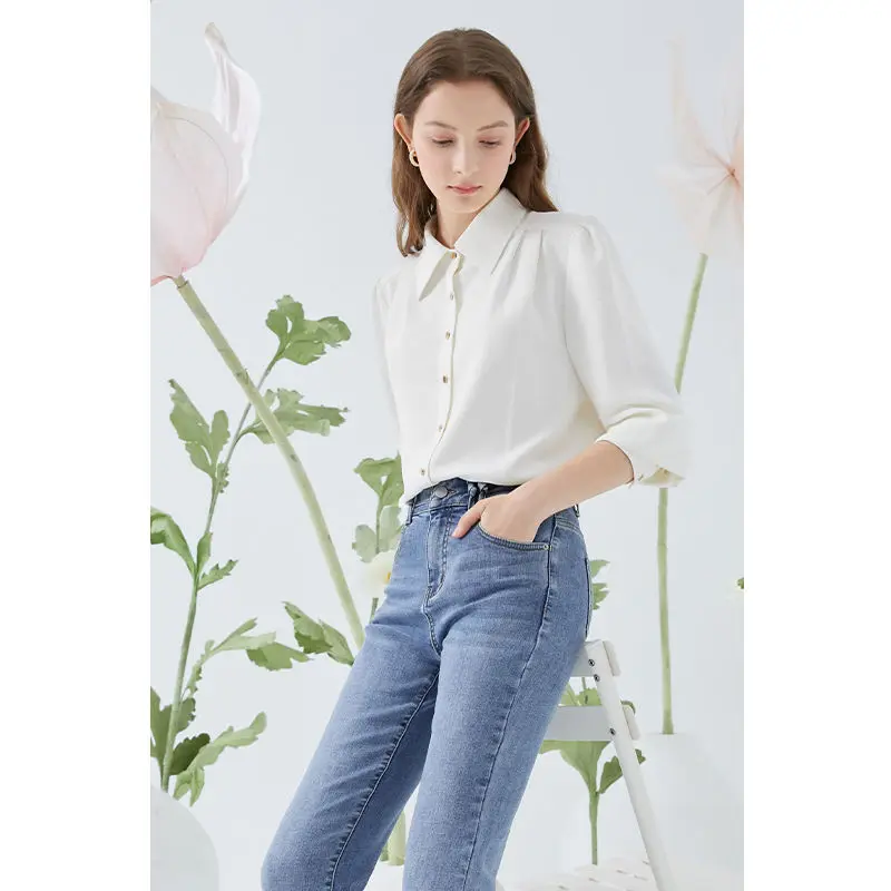 Fashion White Office Single-breasted Blouse Women Classic Long Sleeve Polo Collar All-match Loose Temperament Lady Shirt