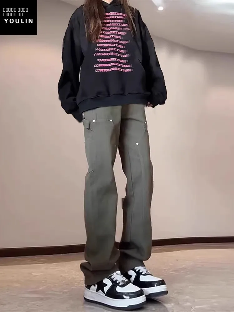 Pantalon cargo pour femme de style militaire rétro américain, printemps automne, jambe droite, effet allongeant les jambes