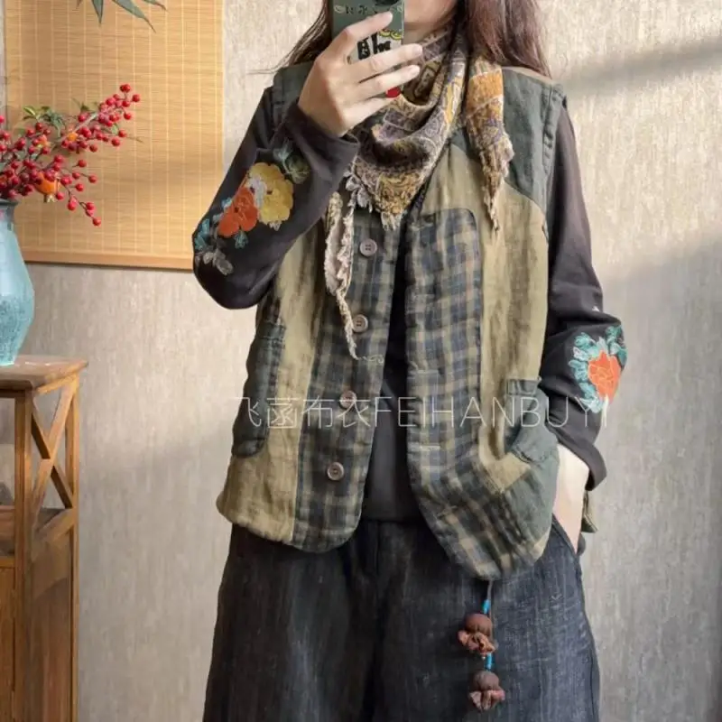 

Autumn Winter Style Women Single Breasted V-neck Sleeveless Coats Vintage Patchwork Plaid Thicken Cotton Linen Vest High Quality
