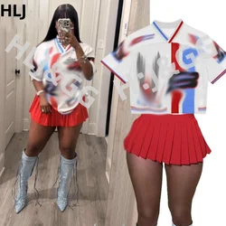 HLJ Fashion Basketaball Tshirt Two Piece Sets Women V Neck Short Sleeve Top And Mini Pleated Skirts Outfits Y2K 2pcs Streetwear